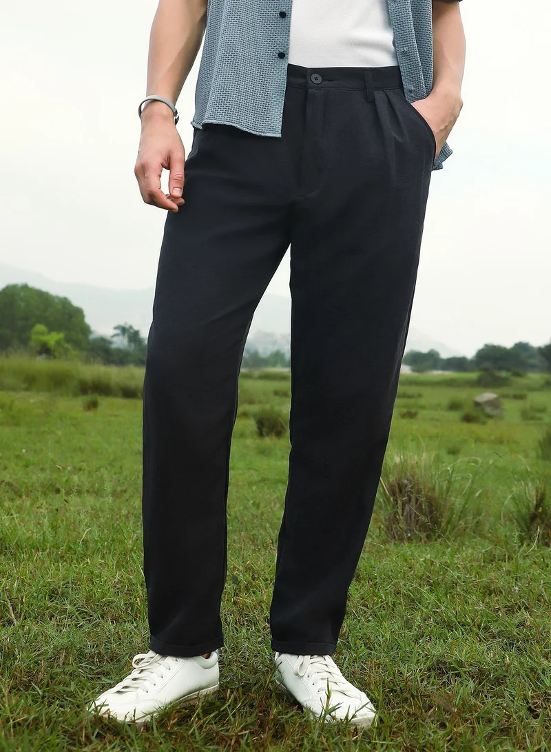 Men's Onyx Black Velvique Tailored Trousers For Casual Wear | Mid-Rise | Regular Fit | Button Closure | Trousers Crafted With Comfort Fit For Everyday Wear